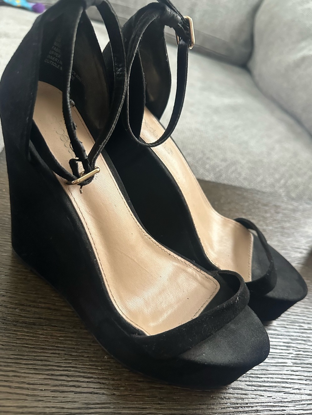 Shoe Dazzle Black Suede Ankle-Strap Wedge Sandals